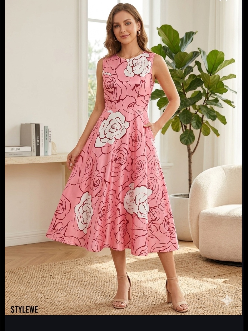 STYLEWE Pink Floral A-Line Midi Dress